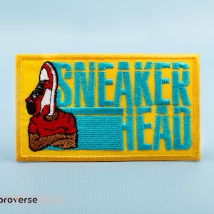 Sneaker Head Patch - Funny Shoe Addict Quote - Embroidered Iron On Patches - Size: 3.9 x 2.3 inches