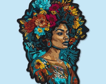 Floral Black Girl Large Back Patch - Woman Excellence & Beauty Embroidery - Iron-On Patch for Denim Jackets - Empowering Accessory