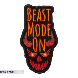 Beast Mode ON Patch - Demon Embroidered Text Funny Quote - Iron On Patches - Size: 2.7 x 5 inches