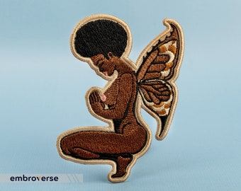 Black Fairy Patch - Naked Black Woman Praying - Butterfly Wings - Melanin Queen - Embroidered Iron On - Size: 2.7 x 3.9 inches
