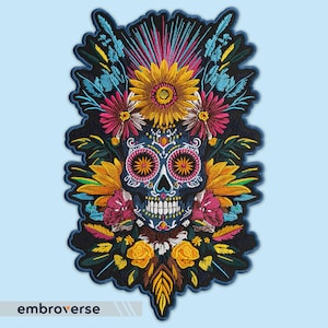 May include: Embroidered patch featuring a colorful sugar skull with floral details. The skull is surrounded by a variety of flowers, including sunflowers, roses, and daisies. The patch is perfect for adding a touch of whimsy to any project.