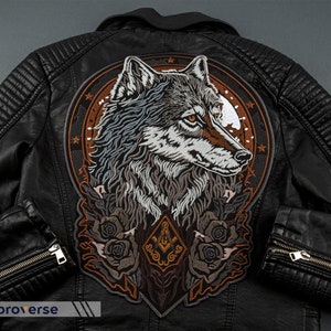 May include: Black leather jacket with an embroidered patch featuring a wolf's head, roses, and a Masonic symbol.