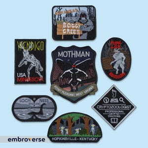 Paranormal Cryptozoologist Embroidered Patches SET - Mothman, Wendigo, Loch Ness, Goblins, Boggy Creek, Pope Lick, Cryptid Tracking, Iron On