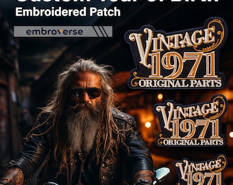 Custom Vintage Style Patch - Embroidered Year of Birth and Original Parts Funny Text - Iron On Patches