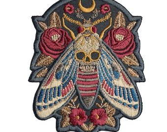 Dödens huvud mal lapp - traditionell tatuering skalle och rosor, gotisk broderad stryk-på
