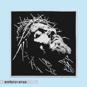 Grand écusson brodé Jésus noir et blanc - Accessoire de vêtements chrétiens pour veste en jean dans le dos, cadeau écusson d'art religieux, thermocollant