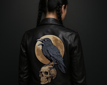 Raven on Skull Embroidered Patch, Iron-On Gothic Backpiece with Full Moon for Denim Jackets, Biker Vests, Cosplay, 10 x 15.4 inches