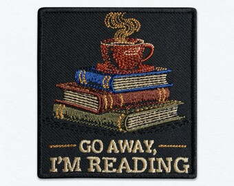 Gå bort, jag läser, tygmärke - Bokälskare, broderat, strykbart, bibliotekariegåva
