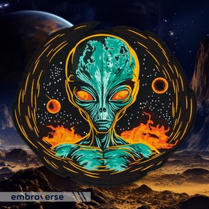 Cosmic Alien Embroidered Patch - Galactic Voyager Hypnotic Eyes, Vivid Space Sci-Fi UFO, Large Back Jacket Patch, Iron-On Denim Accessory