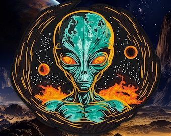 Toppa ricamata con alieno cosmico - Occhi ipnotici del viaggiatore galattico, UFO fantascientifico spaziale vivido, grande toppa per giacca posteriore, accessorio termoadesivo per jeans