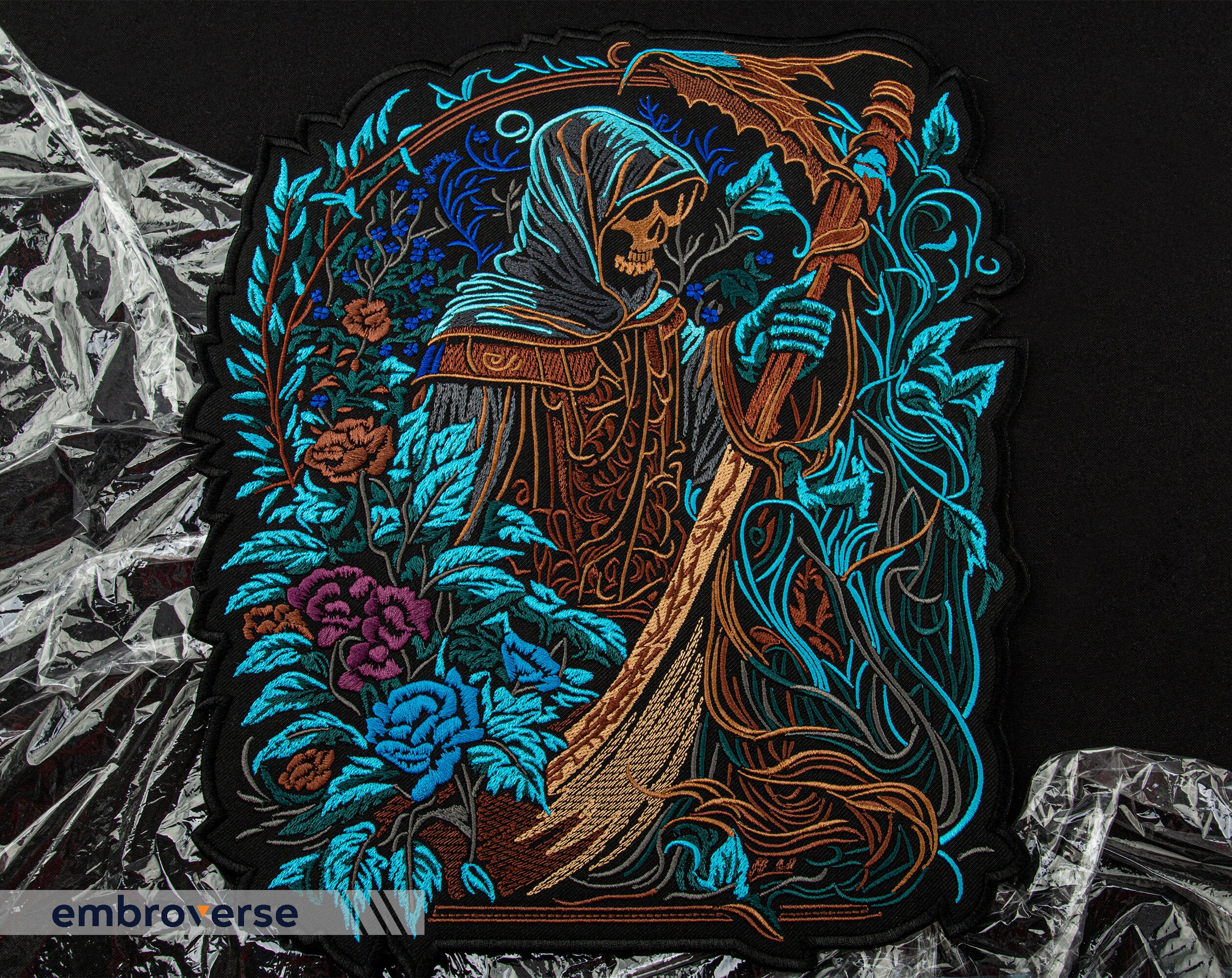 Floral Grim Reaper Large Back Patch - Embroidered Death Art, Flower ...