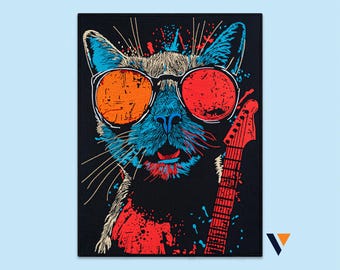 Cat Guitarist Patch: Embroidered Iron-On - Neon Sunglasses Feline, Electric Rock for Jackets, Concert Streetwear