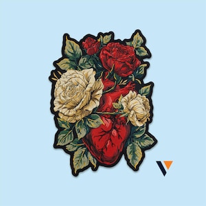 May include: An embroidered patch featuring a central anatomical human heart in deep red, surrounded by a cluster of blooming roses in shades of cream, white, and vibrant red, accented with dark green leaves and a thick black border outline.