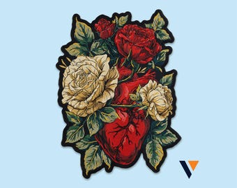 Anatomical Heart Roses Embroidered Iron On Back Patch - Gothic Dark Academia - Floral Memento Mori