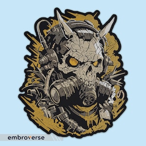 Horned Skull Gas Mask Large Back Patch, Post-Apocalyptic Wasteland Survivor, Embroidered Patch Iron-On, Doomsday Biker Jacket Accessory