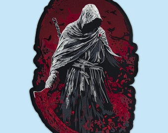 Patch bordado nas costas com estampa de monge assassino - Acessório para jaqueta com capuz e estampa de guerreiro, Fantasia de Lua Vermelha, Aplique de Ceifador Misterioso da Embroverse