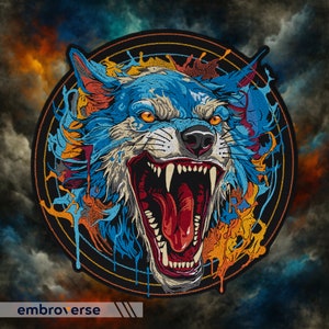 Fierce Blue Wolf Embroidered Patch - Large Iron-On Animal Applique - Vivid Motorcycle Jacket Back Patch
