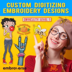 May include: Image featuring custom digitizing embroidery designs. The image includes several embroidery designs: a cartoon character, a pumpkin, a bee, and a hand making a rock and roll gesture. The text reads "Difficulty Level 1" and "embroverse".