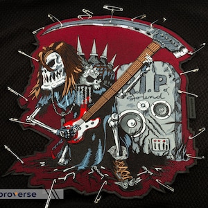 Parche trasero Hell Rocker - Música de esqueleto de la muerte - Parches de motociclista bordados grandes - Para coser - Accesorio para chaqueta de Halloween