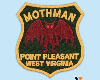 Mothman Hat Patch, Point Pleasant West Virginia Cryptid, Embroidered Iron-On Badge, 2.2 x 2.4 inches