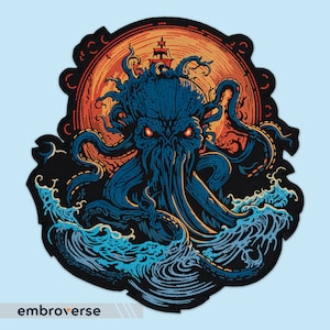 May include: A black and blue embroidered patch depicting a monstrous octopus with glowing red eyes, emerging from the ocean waves. The octopus is surrounded by a sunset-colored circle with a small ship in the background.