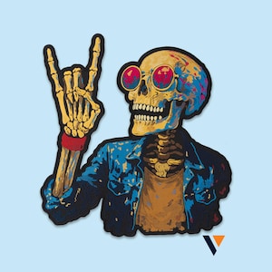 Może przedstawiać: Kolorowa ilustracja szkieletu w okularach przeciwsłonecznych i niebieskiej kurtce, wykonującego gest rock and rolla. Szkielet ma żółtą czaszkę z niebieskimi i różowymi akcentami oraz czerwoną opaskę na nadgarstek.