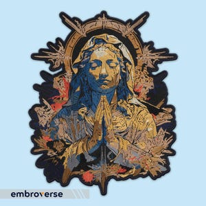 May include: Embroidered patch showing a detailed image of a praying figure with closed eyes and clasped hands. The design uses blue, gold, and black, with floral and geometric details. The text "embroverse" is at the bottom of the patch.