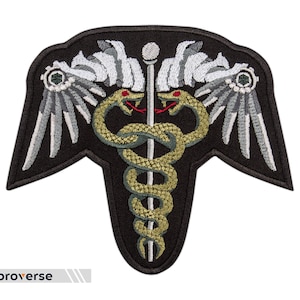 Medical Caduceus Patch - Snakes and Wings Symbol - Embroidered Iron On Patches - Size: 5 x 4.4 inches