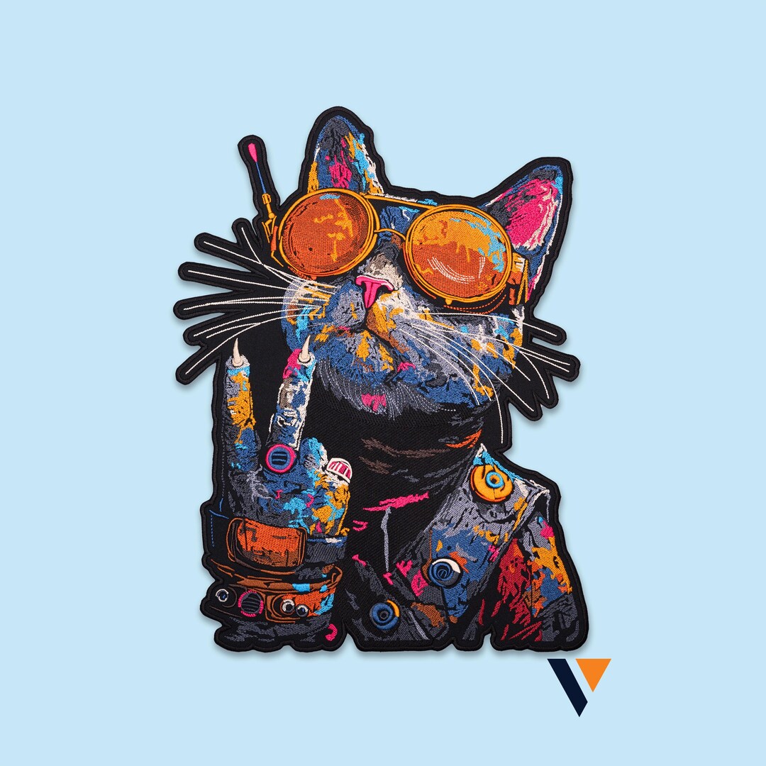 Punk Cat Rocker Embroidered Back Patch, Steampunk Feline Musician, Iron ...