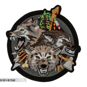 Wolf Large Back Patch - Angry Wild Animal - Ethnic Totem Emblem - Embroidered Iron On - Size: 9.6 x 9.8 inches