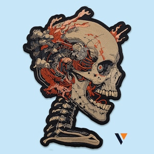 May include: Embroidered patch with a detailed anatomical skull design. The patch features a beige skull with exposed internal structures in red and grey, outlined in black. The design includes a stylized brain and vascular system, with a black border.