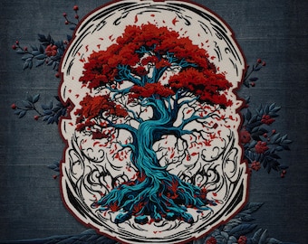 May include: Embroidered patch featuring a stylized bonsai tree with a vibrant red canopy and a turquoise trunk. The tree is set against a cream-colored background with black decorative elements, surrounded by dark blue foliage and red berries. The word "embroverse" is at the bottom.
