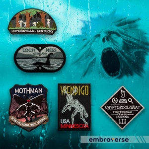 Paranormal Cryptozoologist Patches SET - Embroidered Cryptid Tracking - Mothman, Wendigo, Loch Ness, Goblins - Travel Iron On Patches