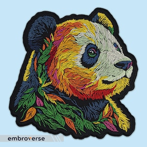 May include: Embroidered patch of a colorful panda bear with a leafy design around its head. The panda is outlined in black and has a white face with black eyes and a black nose.