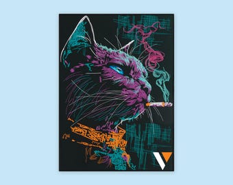 Smoking Cat Back Patch - Neon Synthwave Embroidered Iron On - Vaporwave Cyberpunk Jacket