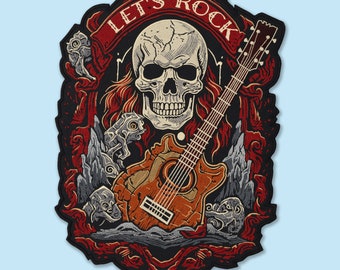 Puede incluir: Un parche bordado en negro y rojo con una calavera, una guitarra y el texto "Let's Rock".