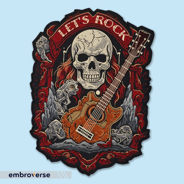 Let's Rock Guitar Skull Large Back Patch - Biker Jacket Accessory - Guitarist Skeleton Theme - Premium Embroidered Iron-On - 3 sizes