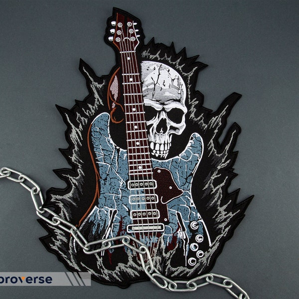 Rock Guitar Skull Large Patch - Biker Jacket Accessory - Guitarist Skeleton Theme, Embroidered Iron-On Back Patch - 2 sizes