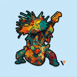 Rockstar Cat | Embroidered Patch, Iron-On Neon Guitar Kitty for Jackets, Vests, Backpacks, Festival Streetwear, Cosplay, Music Lover Gifts