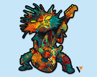 Rockstar Cat | Embroidered Patch, Iron-On Neon Guitar Kitty for Jackets, Vests, Backpacks, Festival Streetwear, Cosplay, Music Lover Gifts