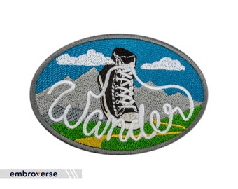Wander Travel Patch - Chucks and Mountains - Take a Hike - Embroidered Iron On Patches - Size: 3.9 x 2.7 inches