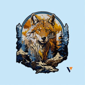 Puede incluir: Un parche bordado circular que presenta una cabeza de lobo detallada en tonos marrón, bronceado y blanco. El lobo se sitúa sobre un fondo de pinos azules estilizados, picos montañosos rocosos y un sol naranja vibrante, enmarcado por un borde oscuro.