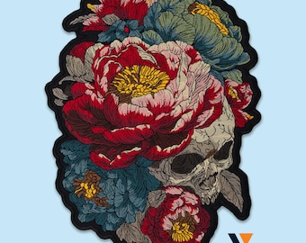 Floral Skull Patch: Embroidered Iron-On Backpiece with Crimson Peonies, Gothic Memento Mori Art for Jackets, Vests, Streetwear