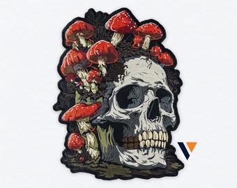 Rygglapp med svampskalle - Amanita Toadstool, mörk cottagecore gotisk broderad stryk-på