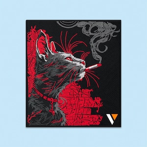 Écusson brodé chat noir fumeur, vêtement gothique thermocollant - Kitty punk, oeuvre d'art murale rouge, streetwear sombre pour vestes, gilets, sacs à dos