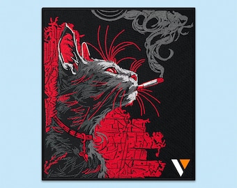 Smoking Black Cat Embroidered Patch, Iron-On Gothic Backpiece - Punk Kitty, Red Wall Art, Dark Streetwear for Jackets, Vests, Backpacks
