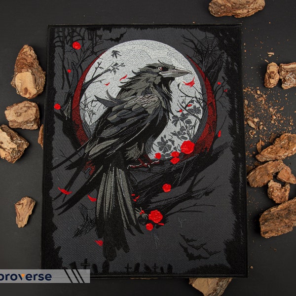 Gothic Raven & Flowers Large Back Patch - Dark Macabre Witchy Crow Art, Embroidered Iron-On for Unique Jacket Embellishment, Dark and Light