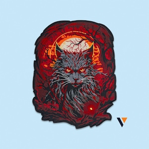 May include: A rectangular embroidered patch featuring a detailed illustration of a grey cat with glowing orange eyes. The cat is set against a dark red background with a large orange moon and silhouetted tree branches, framed by a black border.