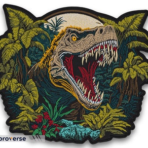 T-Rex Head Back Patch - Majestic Dinosaur in Jungle Scene, Jurassic Era Predator Power, Large Tyrannosaurus Embroidered Iron-On