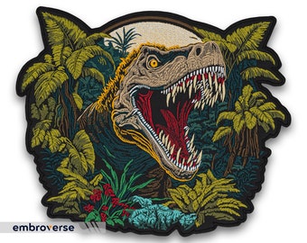 T-Rex Head Back Patch - Majestic Dinosaur in Jungle Scene, Jurassic Era Predator Power, Large Tyrannosaurus Embroidered Iron-On